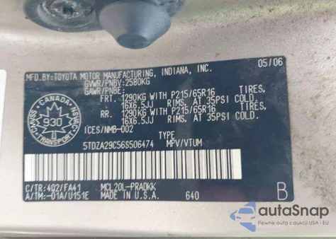 2006 Toyota Sienna Ce z USA, uszkodzony, nr VIN 5TDZA29C56S506474